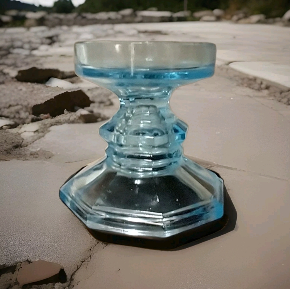 Vintage Blue Depression Glass Pedestal & Taper Candle Stick Holder